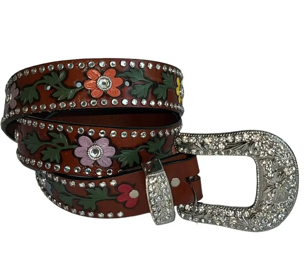 3-D Rhinestone Hand Tooled Hand Painted Leather Belt Bling Buckle Retro 38